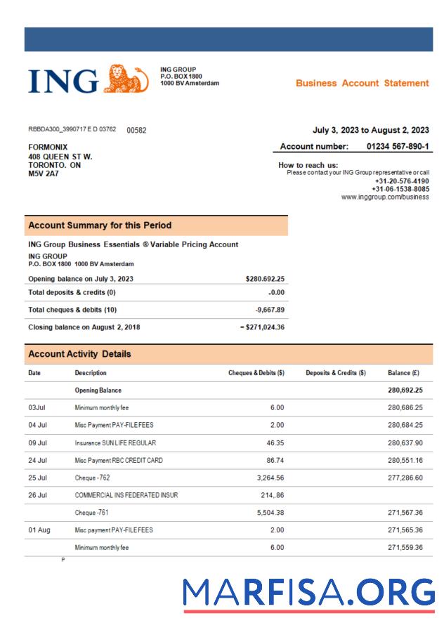 Blank ING Group bank company account statement Word and PDF template